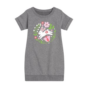 - Instant Message - Scandinavian Bunny With Flowers Graphic Short Sleeve Fleece Dress - 1 of 4