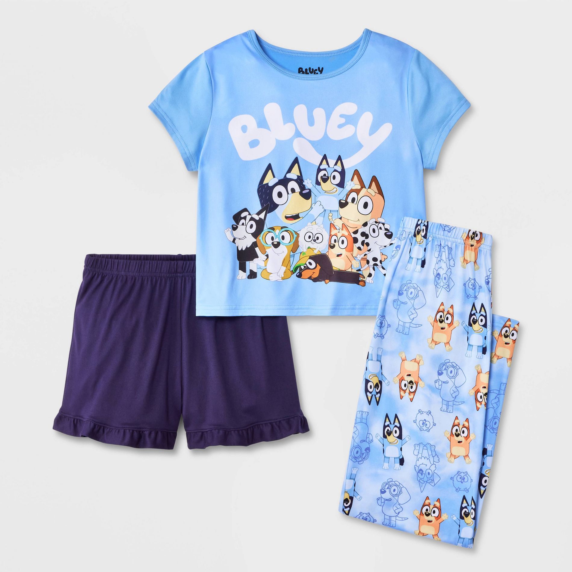 Girls' 3pc Bluey Short Sleeve Pajama Set - Blue