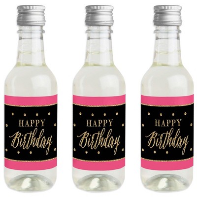 Big Dot of Happiness Chic Happy Birthday - Pink, Black and Gold - Mini Wine & Champagne Bottle Label Stickers - Birthday Party Favor Gift - Set of 16