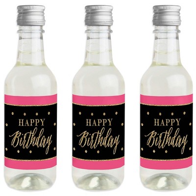 Big Dot of Happiness Chic Happy Birthday - Pink, Black and Gold - Mini Wine & Champagne Bottle Label Stickers - Birthday Party Favor Gift - Set of 16