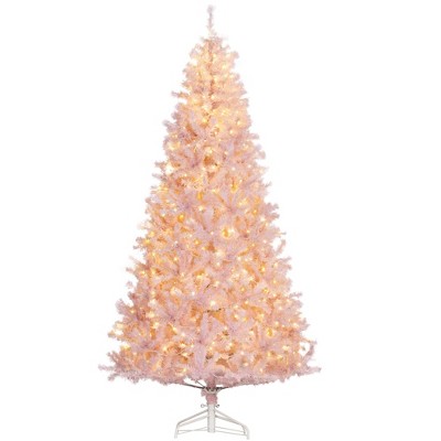 TopComfy Christmas Tree Stand 7.5ft Prelit Douglas Fir Artificial Tree with Realistic Branches, Pink, 47.3"*47.3"*88.5"