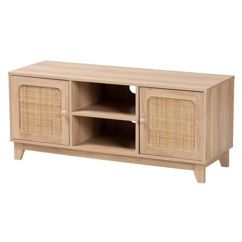 Elsbeth Wood and Natural Rattan 2 Door TV Stand for TVs up to 40&#34; Light Brown/Natural Brown - Baxton Studio, 5 of 11