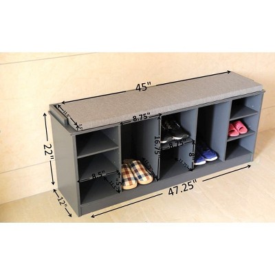 Gray Wooden Shoe Cubicle Storage Entryway Bench with Cushion
