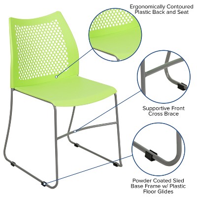 Green Metal Armless Stacking Chair with Perforated Back