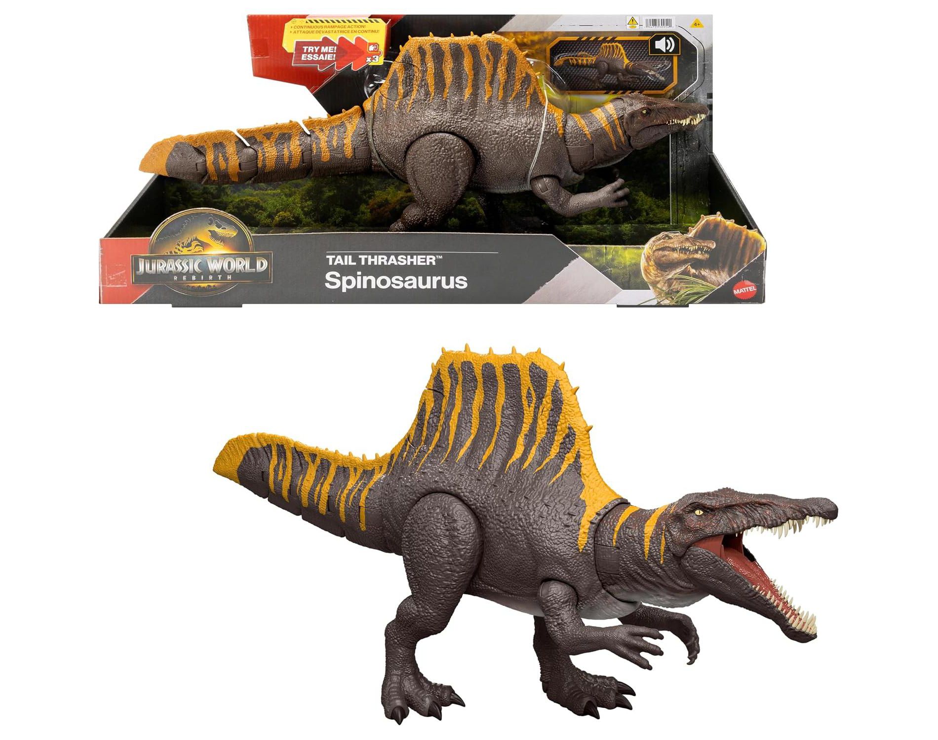Mattel Jurassic World Rebirth Dinosaur Toy, Tail Thrasher Spinosaurus Action Figure with 2 Attack Moves
