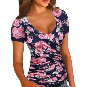 Zeagoo Women's Cross-Front V Neck Ruched Short Sleeve Blouses Shirts Tops - 1 of 3