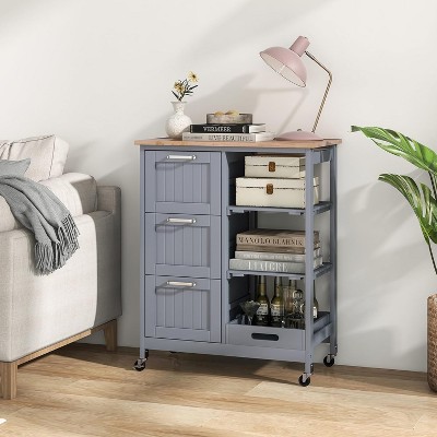 Gray Rubber Wood Kitchen Cart with Storage and Wheels