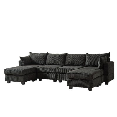 VYNXARIA 113.5 inch Modular Sectiona Corduroy Sofa,U Shaped Sectional Couch with Storage Ottoman,6 Seats Convertible Sectionals with Chaise,Black