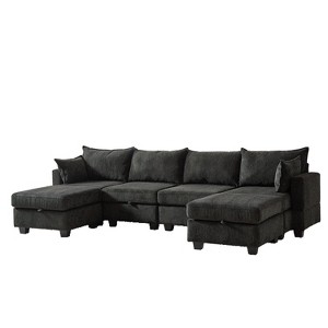 VYNXARIA 113.5 inch Modular Sectiona Corduroy Sofa,U Shaped Sectional Couch with Storage Ottoman,6 Seats Convertible Sectionals with Chaise,Black - 1 of 4