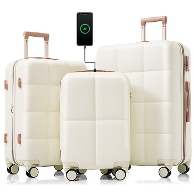 Luggage Set of 3, 20-inch with USB Port, Airline Certified Carry-on Luggage with Cup Holder, ABS Hard Shell Luggage with Spinner Wheels, white