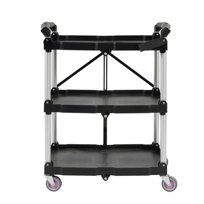 Vynxaria 3 Tier Folding Utility Service Cart, Portable Collapsible with Wheels, Black, 23.0×15.0in Shelves
