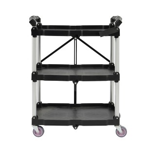 Vynxaria 3 Tier Folding Utility Service Cart, Portable Collapsible with Wheels, Black, 23.0×15.0in Shelves - 1 of 4