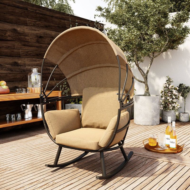 Aluminum Outdoor Rocking Egg Chair with Folding Canopy Light Brown - Crestlive Products, 3 of 12