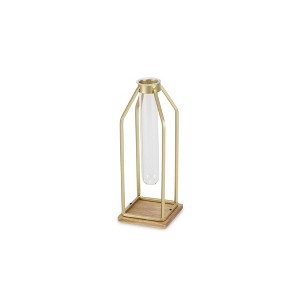 HomeRoots 11" Gold Clear And Natural Metal Glass And Wood Test Tube Table Vase - 1 of 4