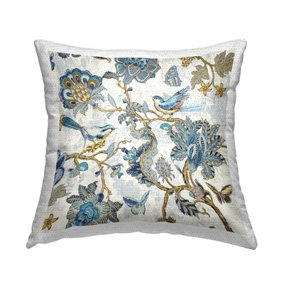 Stupell Industries Detailed Blue Floral Birds Pattern, 18 x 18