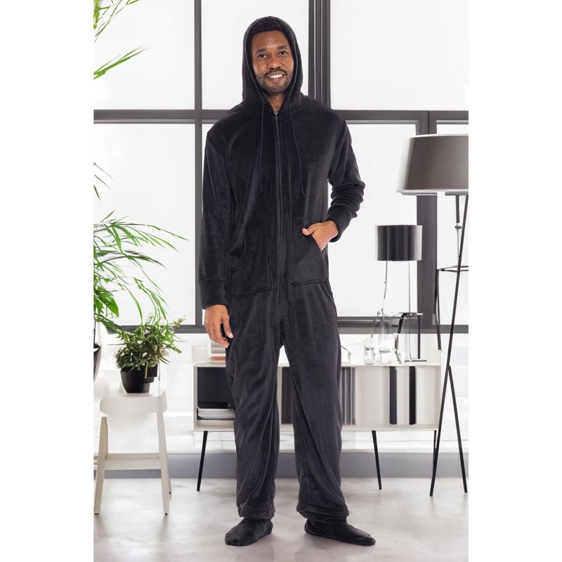 Men's Plush Fleece One Piece Hooded Footed Zipper Pajamas Set, Soft Adult Onesie Footie with Hood, 4 of 10
