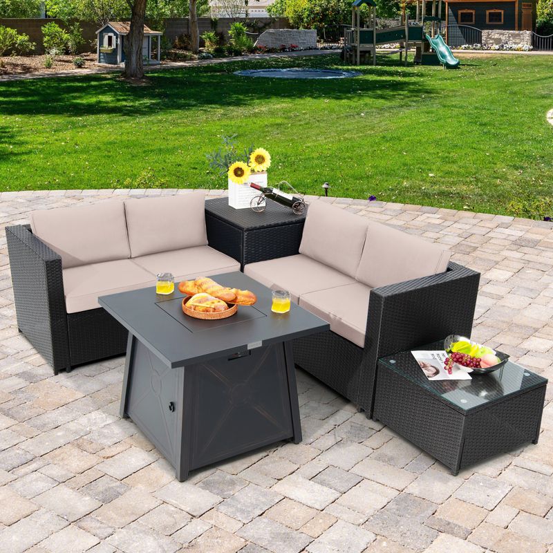 Tangkula 5-Piece Outdoor Patio Furniture Set with 50,000 BTU Propane Fire Pit Table Patio Conversation Set w/ Cushions, Storage Box, Coffee Table, 2 of 11