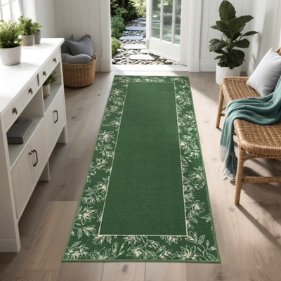 Washable Modern Bordered Rug Non Slip Low Pile Rug Soft Floral Throw Floor Cover Foldable Indoor Carpet for Living Room Bedroom Playroom Nursery