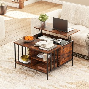 Zeus & Ruta 31.5" Farmhouse Lift-Top Coffee Table with Adjustable Height, Hidden Compartment & 3 Shelves for Living Room - 1 of 4