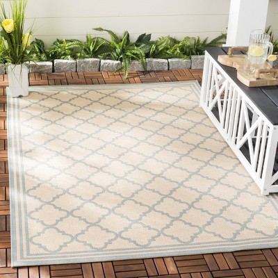 Cream and Aqua Geometric Pattern Synthetic Indoor/Outdoor Rug, 3' x 5'