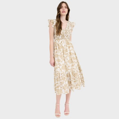 August Sky Women's Floral V-Neck Faux Button Down Smocked Midi Dress