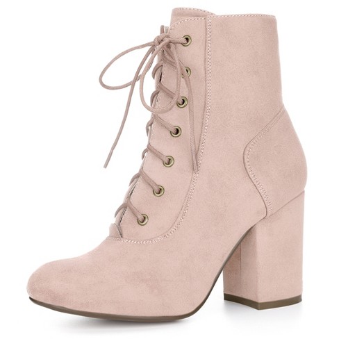 Allegra K Women's Chunky Heel Lace-Up Ankle Boots | Round Toe, 3 5/9 Inch Heel, PU & Rubber