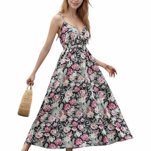 Anna-Kaci Women's Sleeveless Floral Print Maxi Dress with Adjustable Spaghetti Straps and V-Neckline - 1 of 4