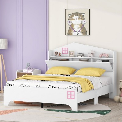 Twin/Full Size Wooden House Bed with Storage Headboard, Kids Bed with Storage Shelf - ModernLuxe