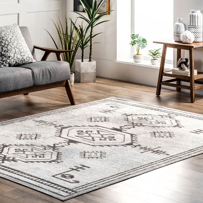 Light Grey Synthetic Southwestern Washable Round Area Rug