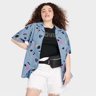Pride Adult Plus Size Short Sleeve Woven Multiflag Button-Down Shirt - Blue Denim Boat 2X
