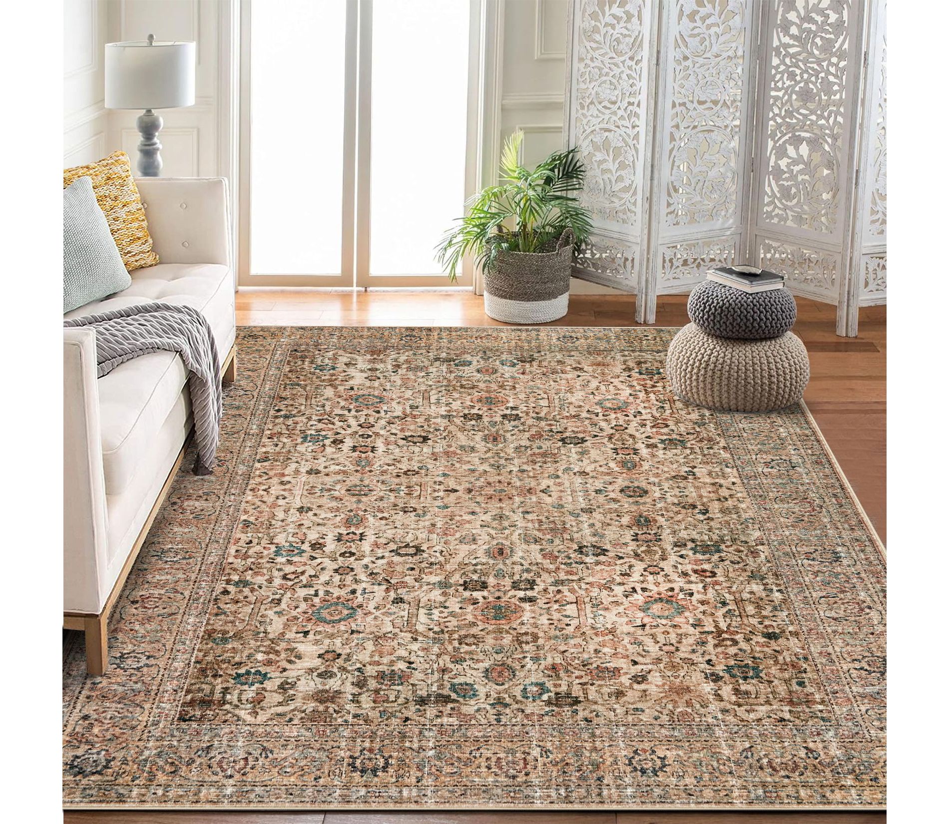 Area Rugs for Living Room Bedroom, Large Washable Rug Vintage Distressed Floral Boho Carpet Indoor Dining Room Kids Room Entryway Non Slip Low Pile