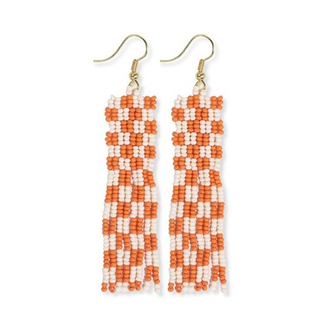 INK+ALLOY Brittany Mixed Triangles Beaded Fringe Earrings Greens + Rust