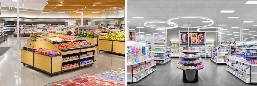 Side-by-side photographs of Target stores, with the produce section on the left side and the beauty aisle on the right