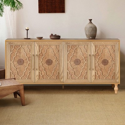 Sideboard Buffet, Wood Floor Cabinet With Carved Flower Door, Metal Handle, Freestanding Sideboard