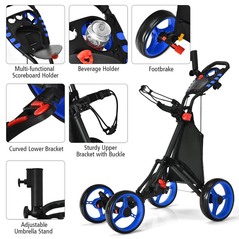 Costway Folding 4 Wheels Golf Push Cart W/Bag Scoreboard Adjustable Handle Red\Blue\Gray\Green, 3 of 11