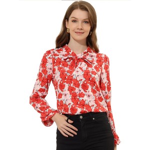 Allegra K Women's Floral Tie V Neck Chiffon Ruffle Trumpet Sleeve Blouse - 1 of 4