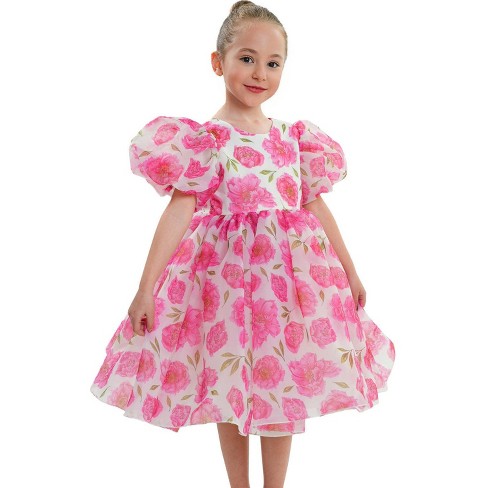 2Bunnies Girls' Organza Puff Sleeve Floral Babydoll Fit & Flare Dress - image 1 of 4