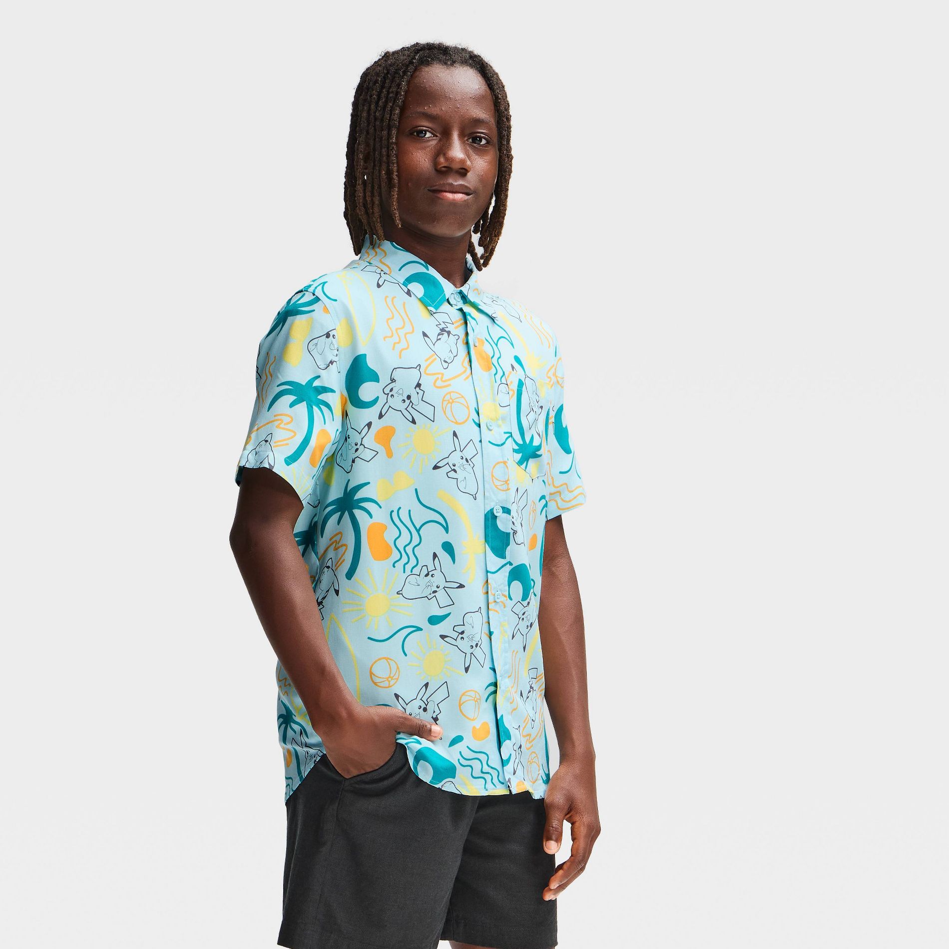 Boys' Pokemon Pikachu All Over Printed Button-Down Shirt - Light Blue