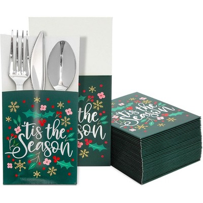 Sparkle and Bash 36 Pack Christmas Silverware Cutlery Holders, Tis the Season Utensil Paper Pouch Bag for Party Table Decorations