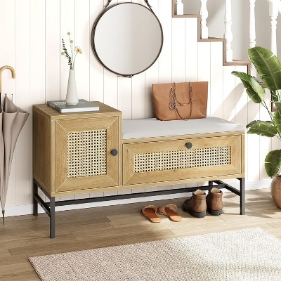Homhougo Shoe Storage Bench with Drawer and Cabinet, Rattan Oak Wood
