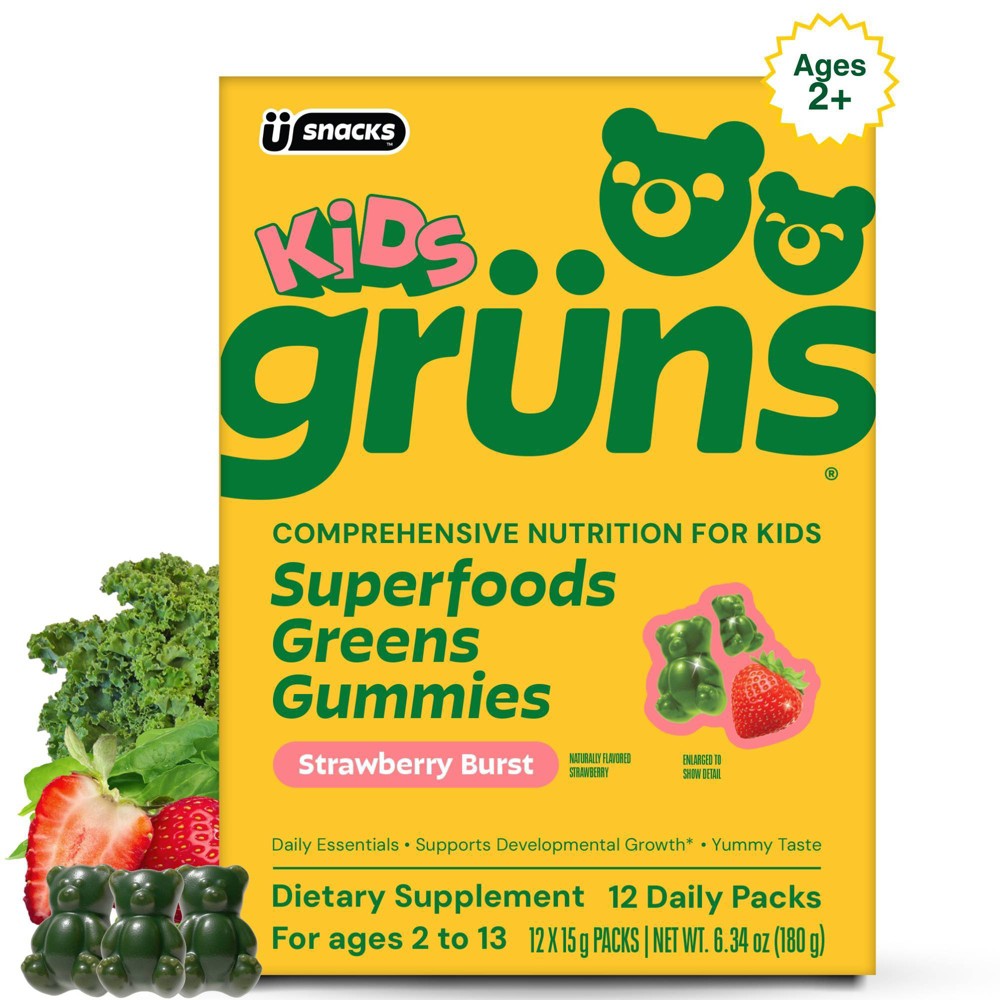 Grüns Kids Low Sugar Superfoods Greens Gummies with Prebiotic Fiber - 240g/12 Servings