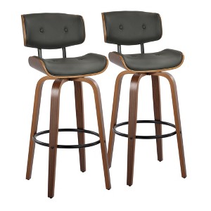 30" Mid-Century Modern Fixed-Height Swivel Barstool with Light Faux Leather and Natural Wood, Set of 2 - 1 of 4