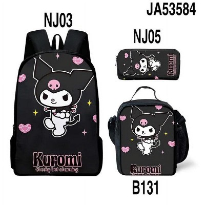 Paaaawaters 3-Piece Backpack Set with Pencil Case & Crossbody Bag Durable Nylon Cute Kuromi Print Black