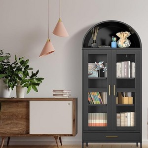 73 In Metal Arched Cabinet, Kitchen Pantry Organizer with 1 Drawers & 2 Adjustable Shelves, Modern Display Bookshelf, Freestanding Display Cabinet - 1 of 4