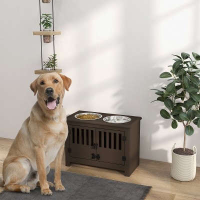 17'' Elevated Dog Bowls with 37L Storage Cabinet,Raised Feeder Stand with Stainless Steel Bowls,Modern Dog Feeding Station-LAOTIES