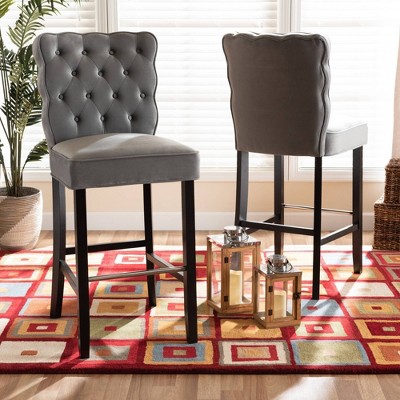 Adjustable Gray Velvet and Wood Bar Stool Set
