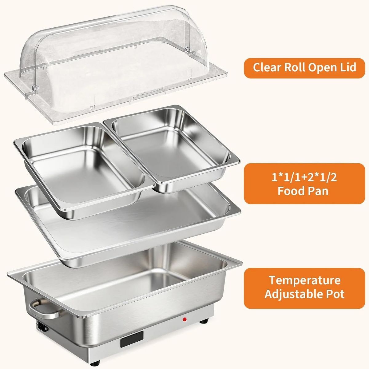 2 Pack 9QT Stainless Steel Electric Chafing Dish Buffet Set, Adjustable Temp Food Warmer with 3 Removable Pans for Party Wedding Banquet - thumbnail 8
