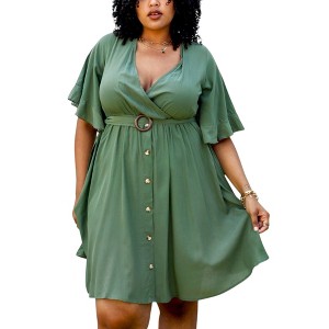 Anna-Kaci Women's Plus Size Short Sleeve Button-Down Dress with Flowy Skirt and Waist Belt - 1 of 4