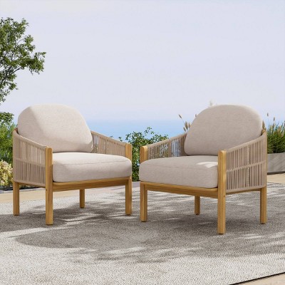 Outdoor Acacia Wood Club Chair with Rope Woven Back,Lounge Chair with Cushion for Patio or Garden,Wooden Armrest Club Chair-Coolbibila