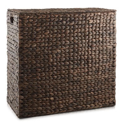 Espresso Woven Water Hyacinth Double Laundry Hamper with Lid
